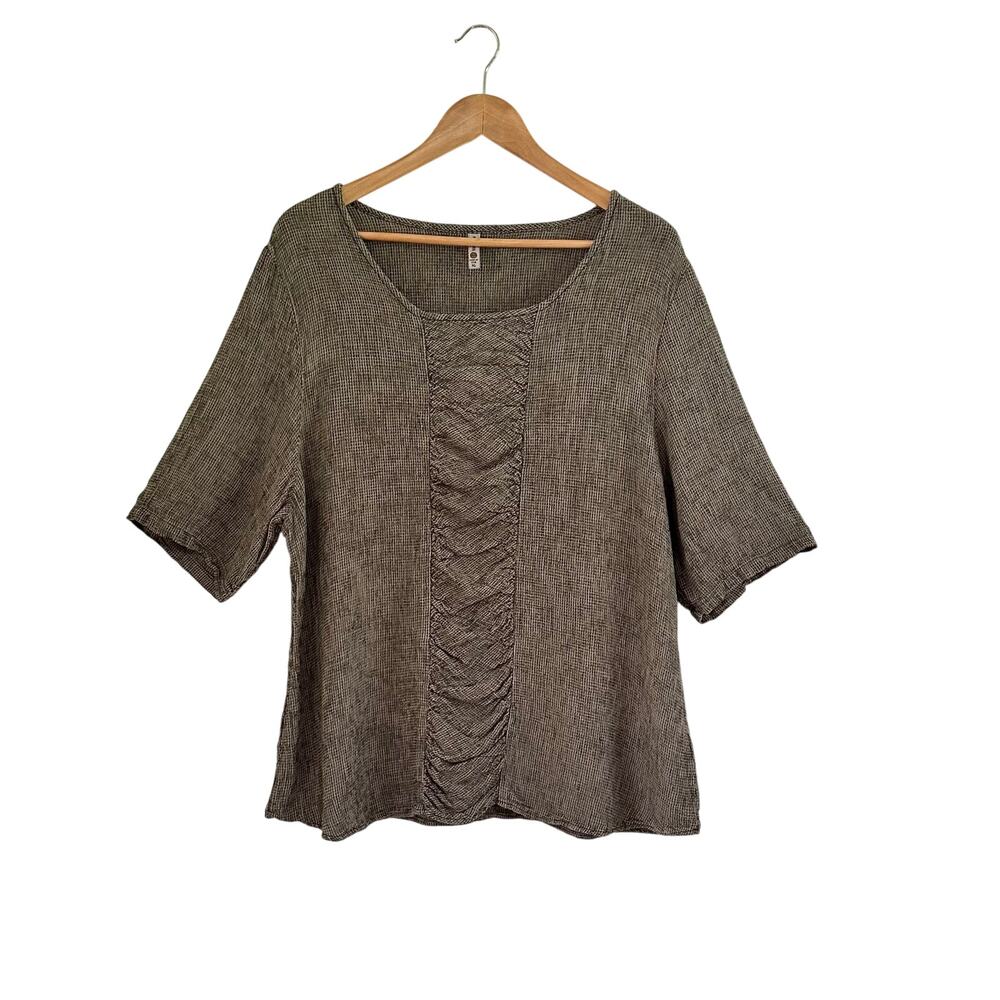 Khangura Brown Gray Textured Center Ruch Linen Blend Top Size XL Lagenlook